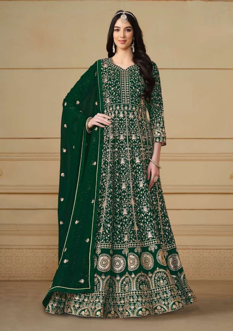 Green Embroidered Georgette Anarkali Set - Indya