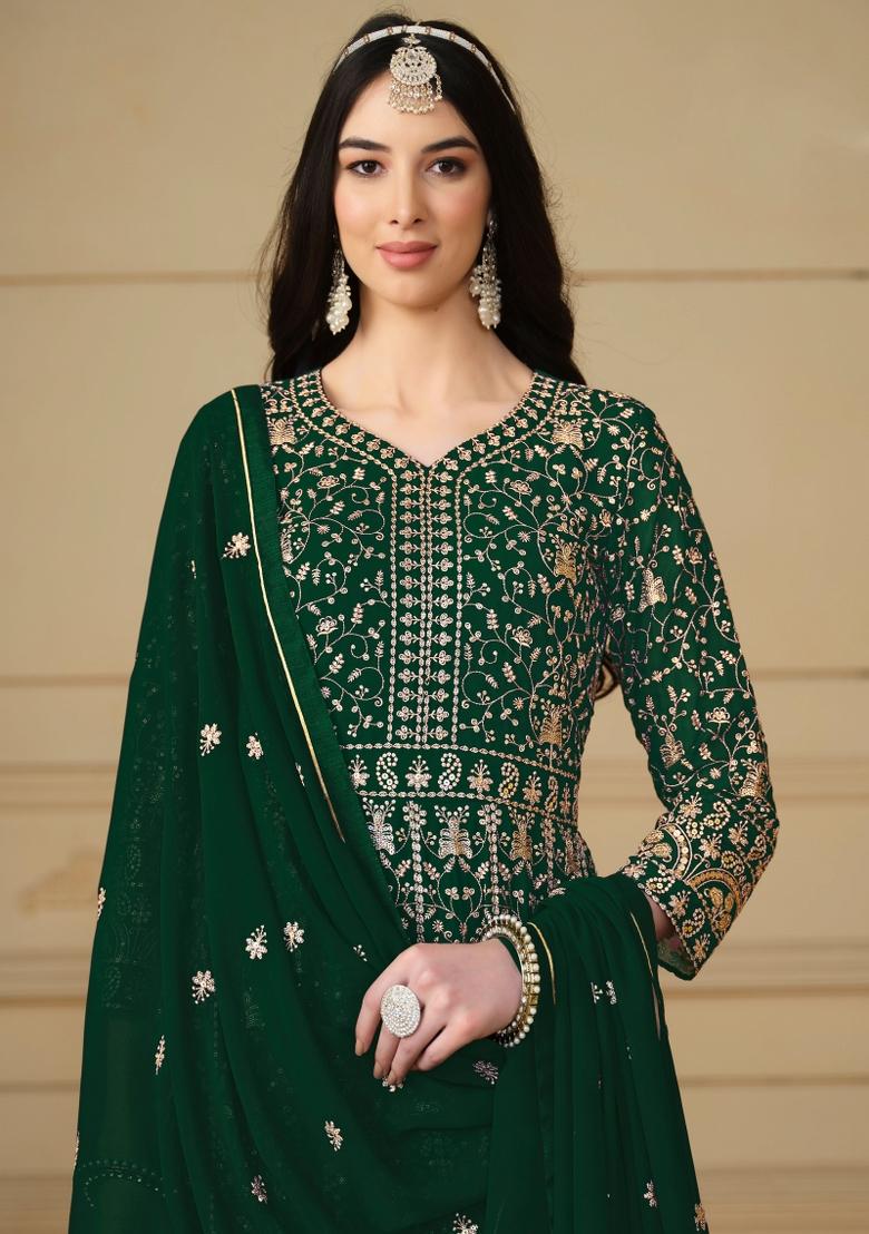 Green Embroidered Georgette Anarkali Set With Dupatta