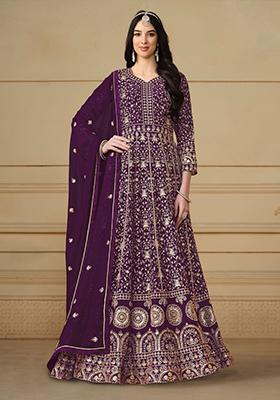 Maroon Embroidered Georgette Anarkali Set With Dupatta