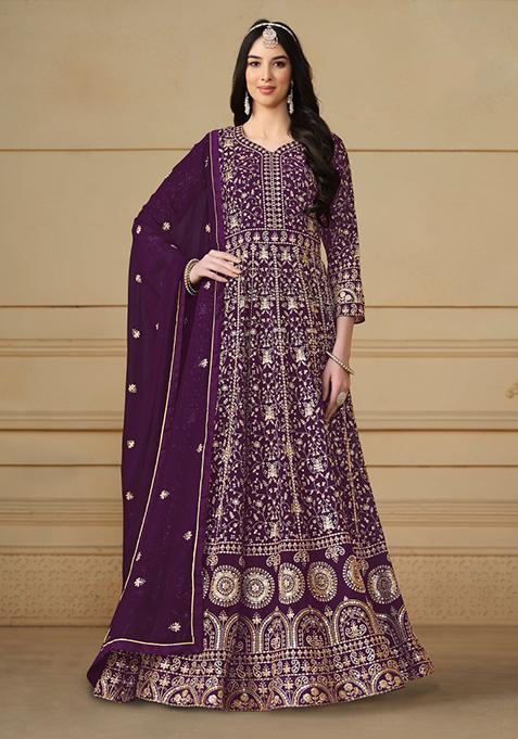Maroon Embroidered Georgette Anarkali Set With Dupatta