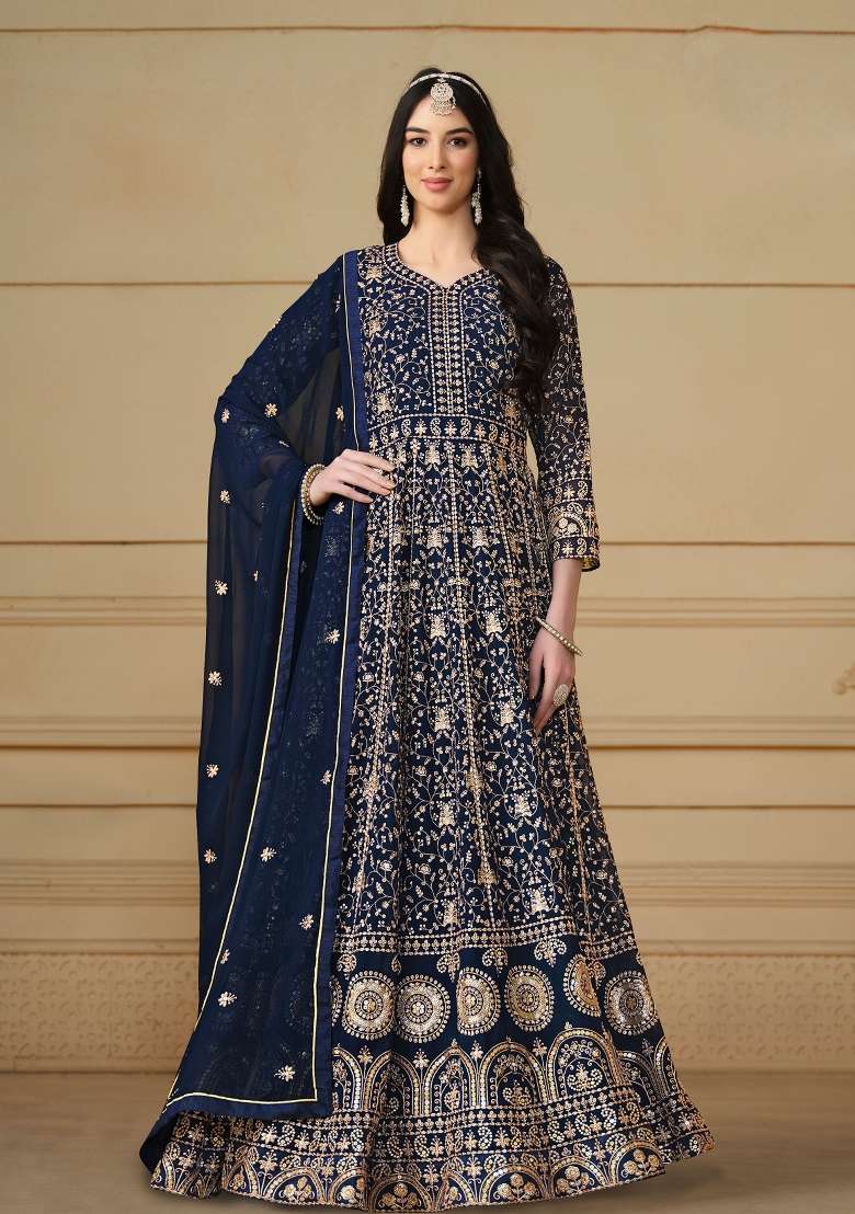 Blue Embroidered Georgette Anarkali Set - Indya