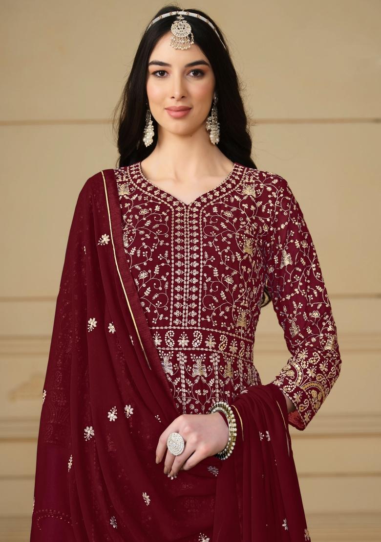 Maroon EmbMaroon Embroidered Georgette Anarkali Set With Dupattaroidered Georgette Salwar Kameez With Dupatta