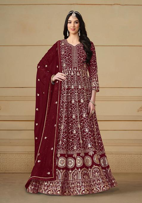 Maroon Embroidered Georgette Anarkali Set With Dupatta