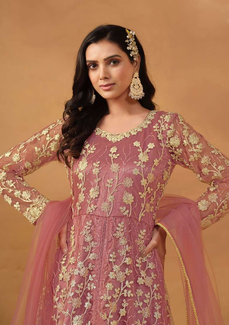 Pink Embroidered Net Anarkali Set - Indya