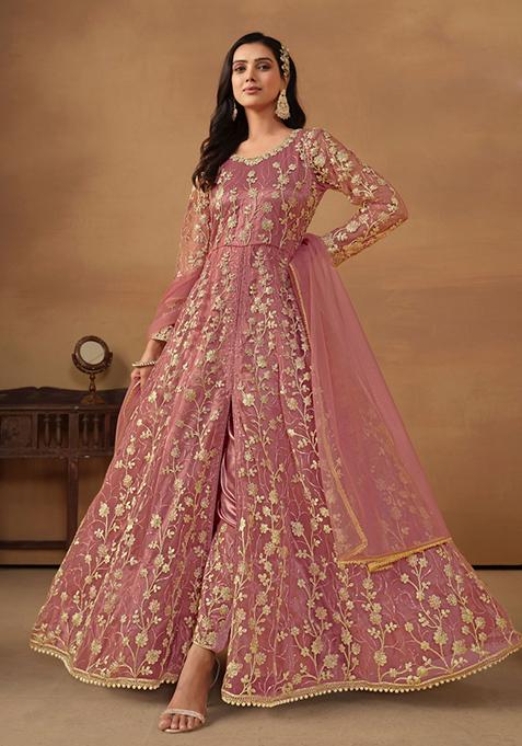Pink Embroidered Net Anarkali Set With Dupatta