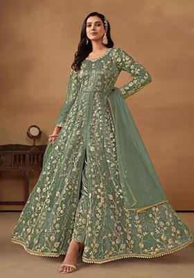 Pista Green Embroidered Net Anarkali Set With Dupatta