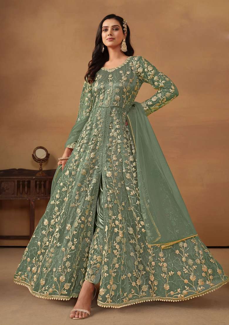 Pista Green Embroidered Net Anarkali Set - Indya