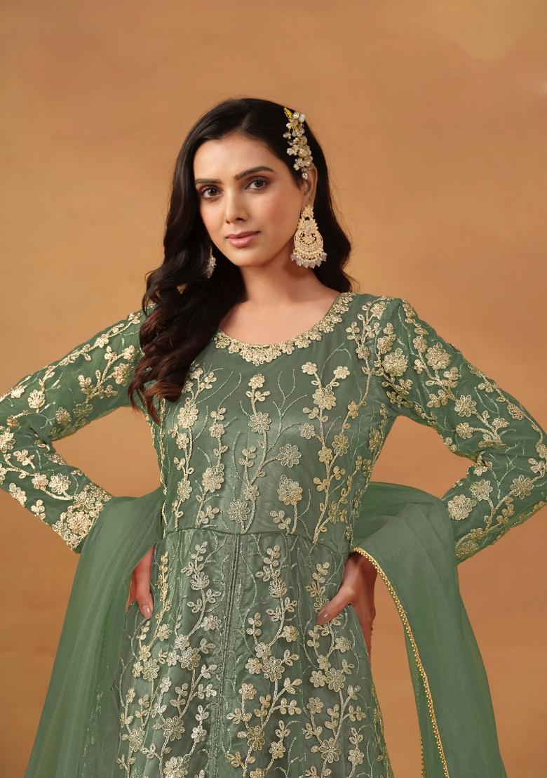 Pista Green Embroidered Net Anarkali Set With Dupatta