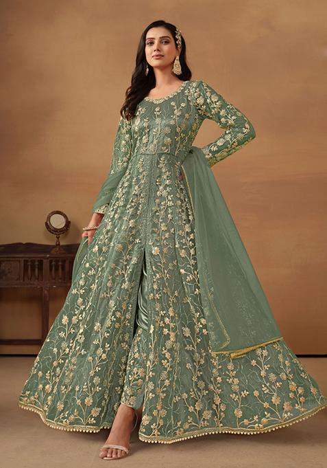 Pista Green Embroidered Net Anarkali Set With Dupatta