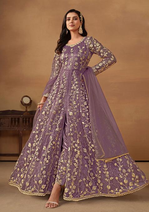 Purple Embroidered Net Anarkali Set With Dupatta