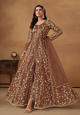 Brown Embroidered Net Anarkali Set With Dupatta