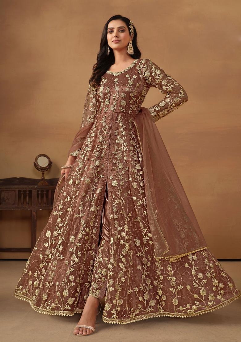 Brown Embroidered Net Anarkali Set With Dupatta