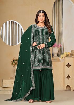 Green Embroidered Georgette Sharara Set With Dupatta