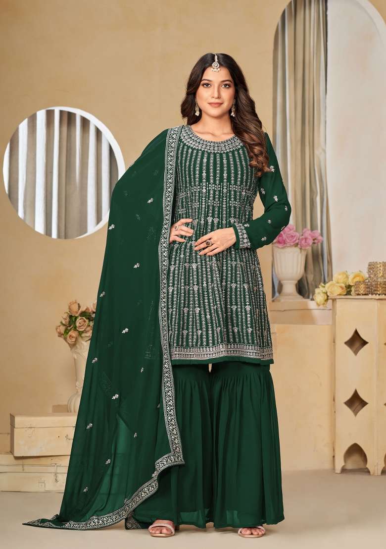 Green Embroidered Georgette Sharara Set With Dupatta - Indya