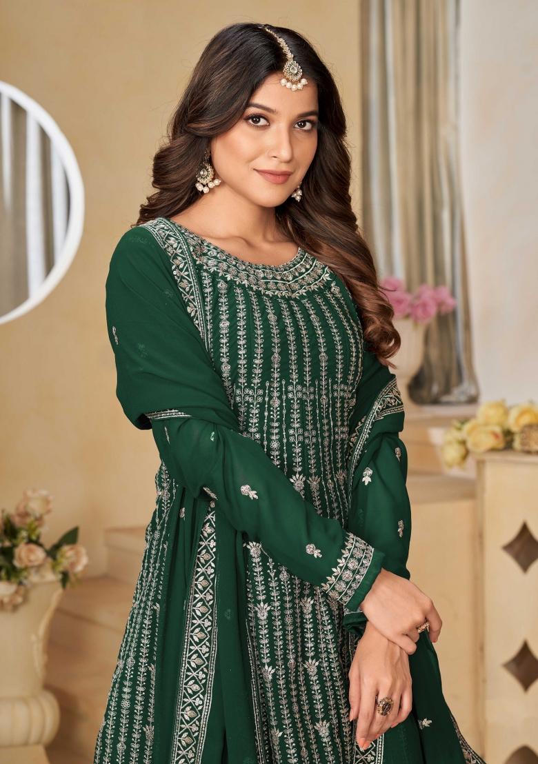 Green Embroidered Georgette Sharara Set With Dupatta