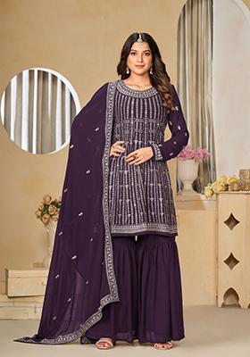Purple Embroidered Georgette Sharara Set With Dupatta