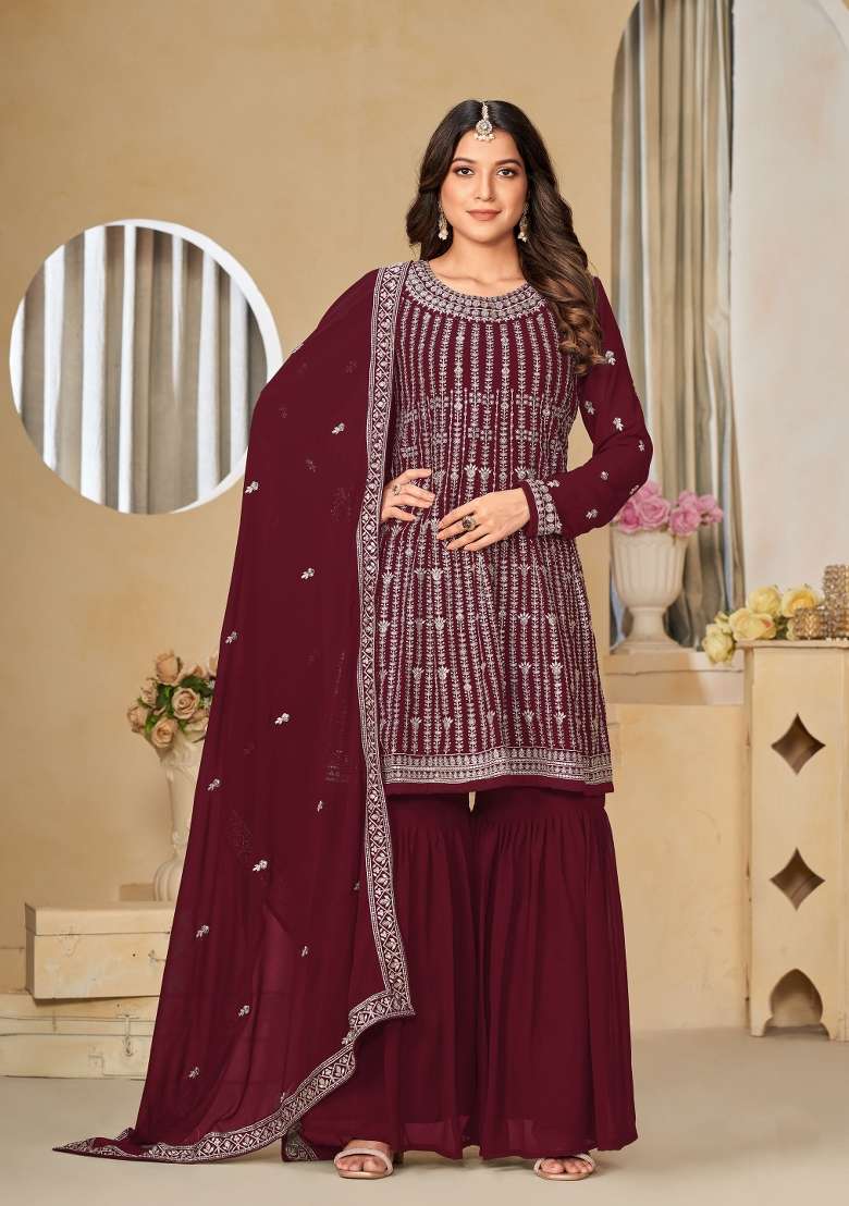 Maroon Embroidered Georgette Sharara Set With Dupatta - Indya