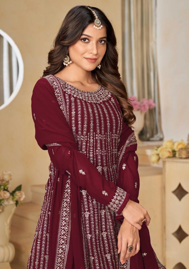 Maroon Embroidered Georgette Sharara Set With Dupatta