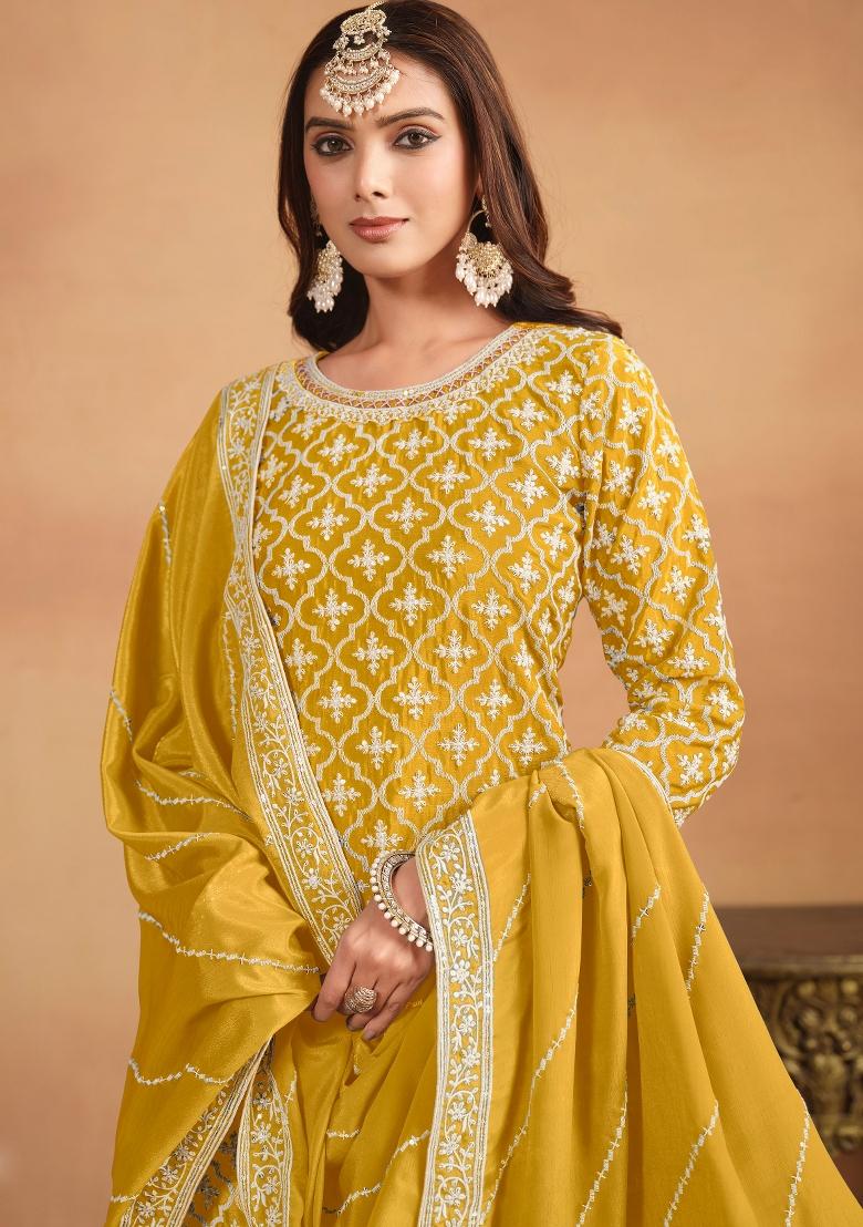 Yellow Embroidered Chinon Salwar Kameez With Dupatta