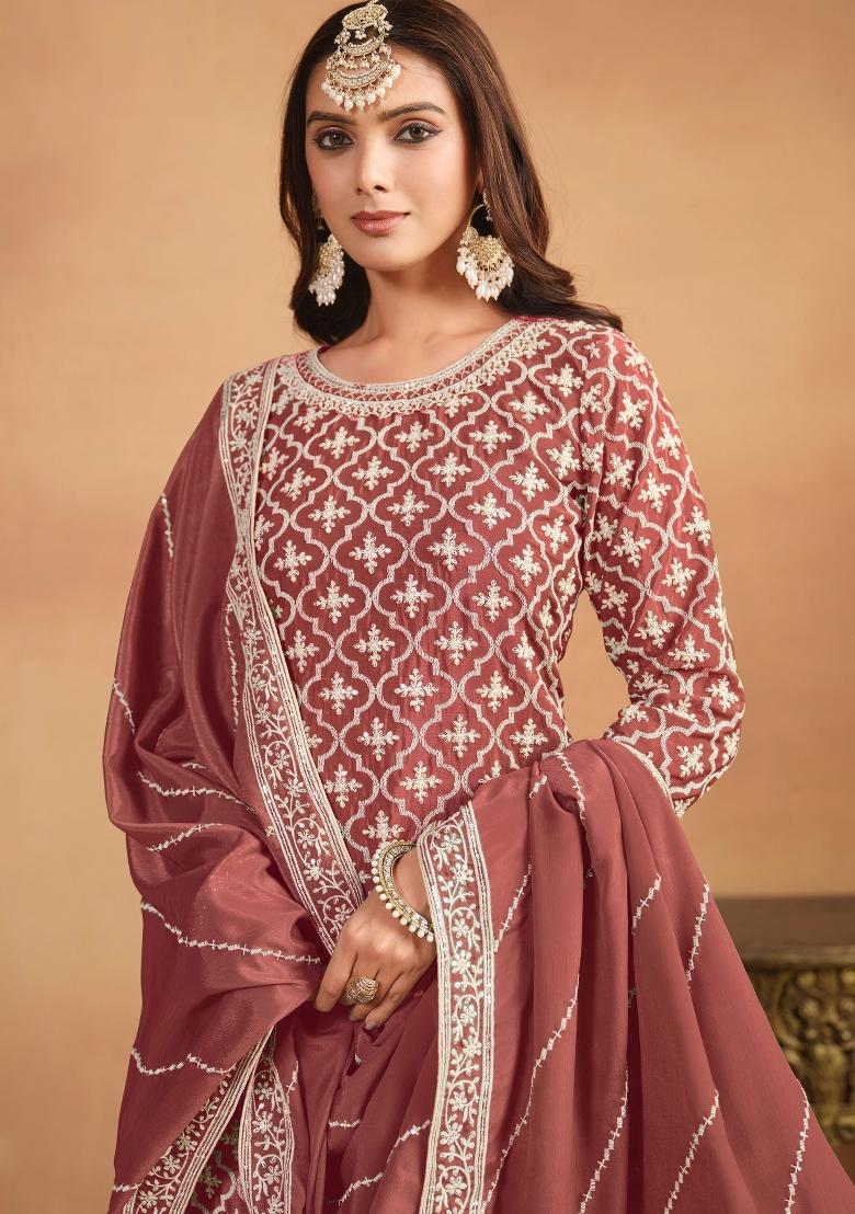 Maroon Embroidered Chinon Salwar Kameez With Dupatta