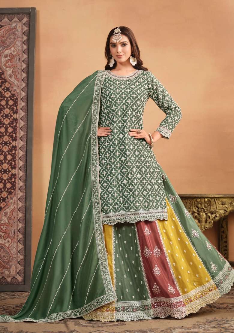 Green Embroidered Chinon Salwar Kameez With Dupatta - Indya