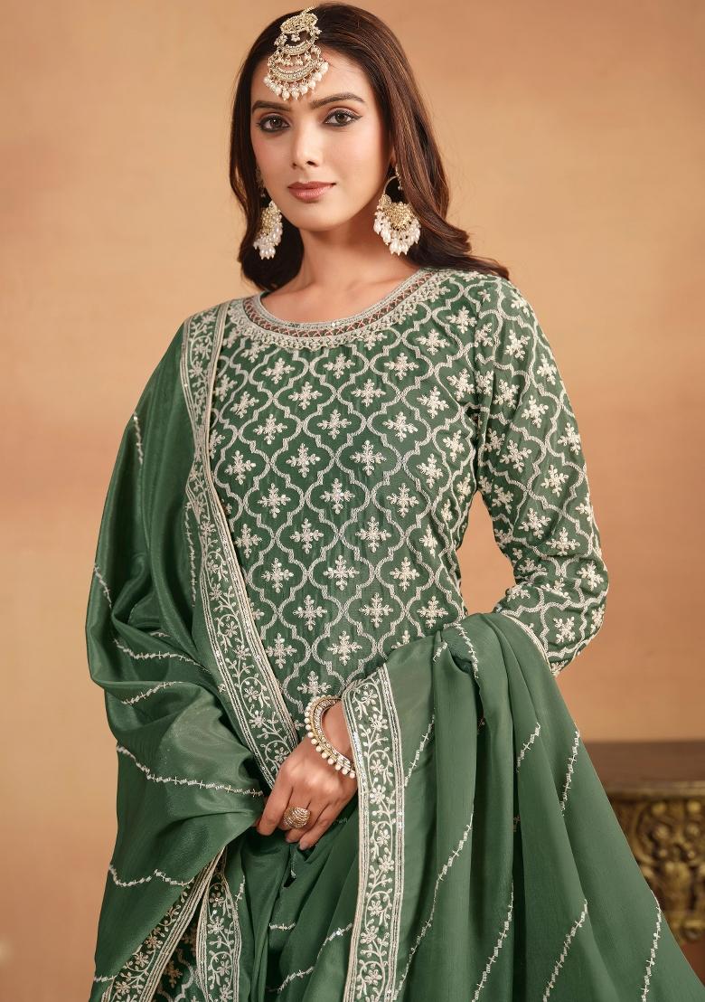 Green Embroidered Chinon Salwar Kameez With Dupatta