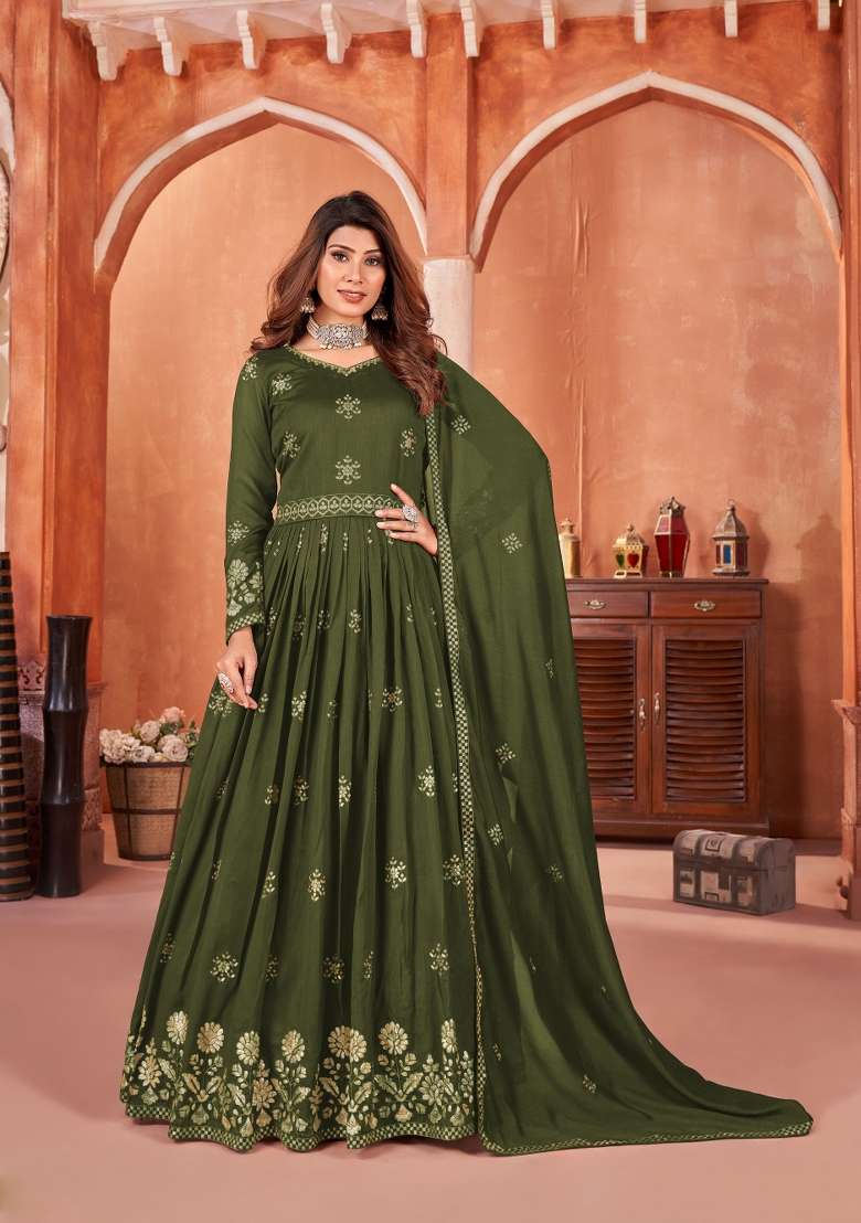 Green Embroidered Art Silk Anarkali With Dupatta With Dupatta - Indya