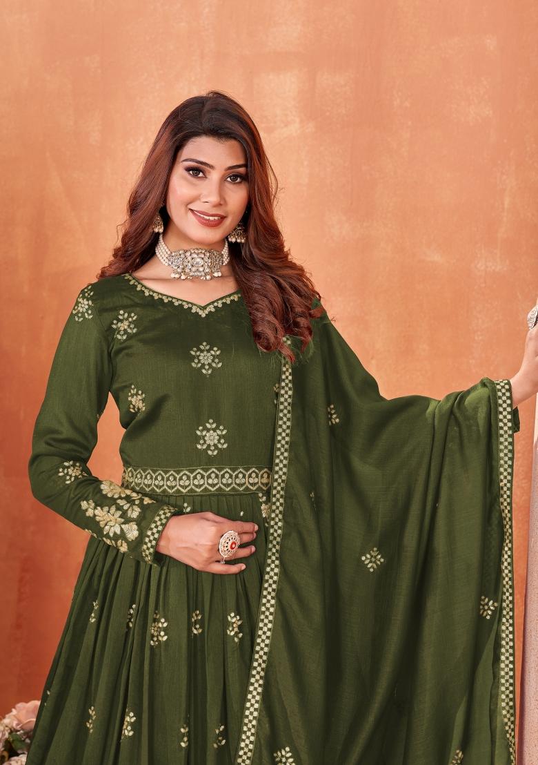 Green Embroidered Art Silk Anarkali Set With Dupatta