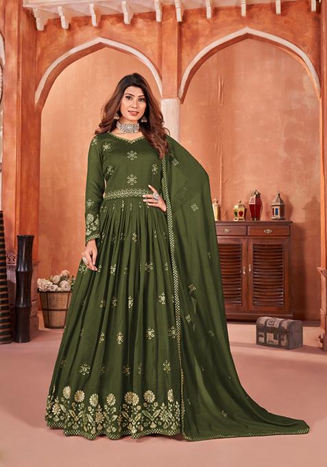 Green Embroidered Art Silk Anarkali Set With Dupatta