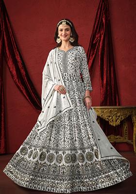 White Embroidered Georgette Anarkali Set With Dupatta