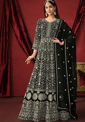 Black Embroidered Georgette Anarkali Set With Dupatta
