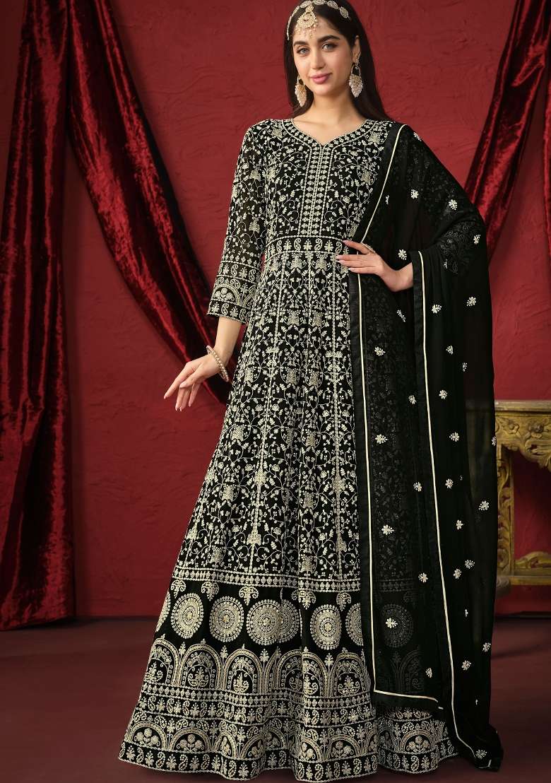 Black Embroidered Georgette Anarkali With Dupatta With Dupatta - Indya