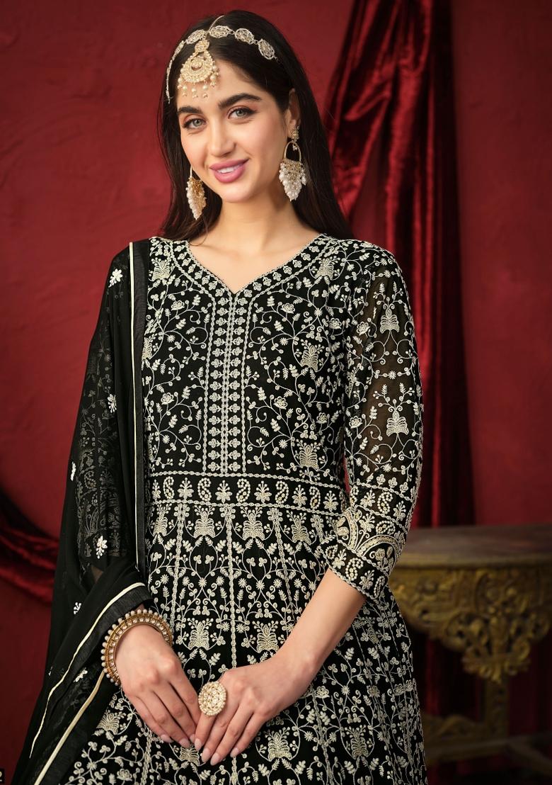 Black Embroidered Georgette Anarkali Set With Dupatta