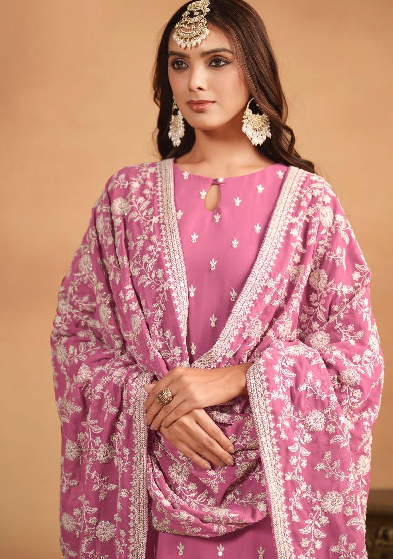 Pink Embroidered Georgette Salwar Kameez With Dupatta