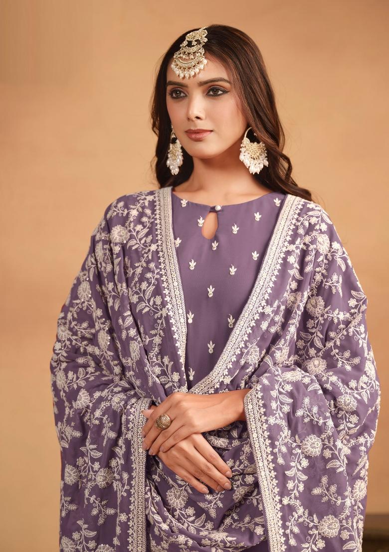 Purple Embroidered Georgette Salwar Kameez With Dupatta