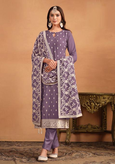 Purple Embroidered Georgette Salwar Kameez With Dupatta
