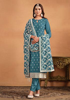 Teal Blue Embroidered Georgette Salwar Kameez With Dupatta