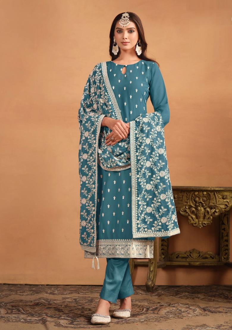 Teal Blue Embroidered Georgette Salwar Kameez With Dupatta