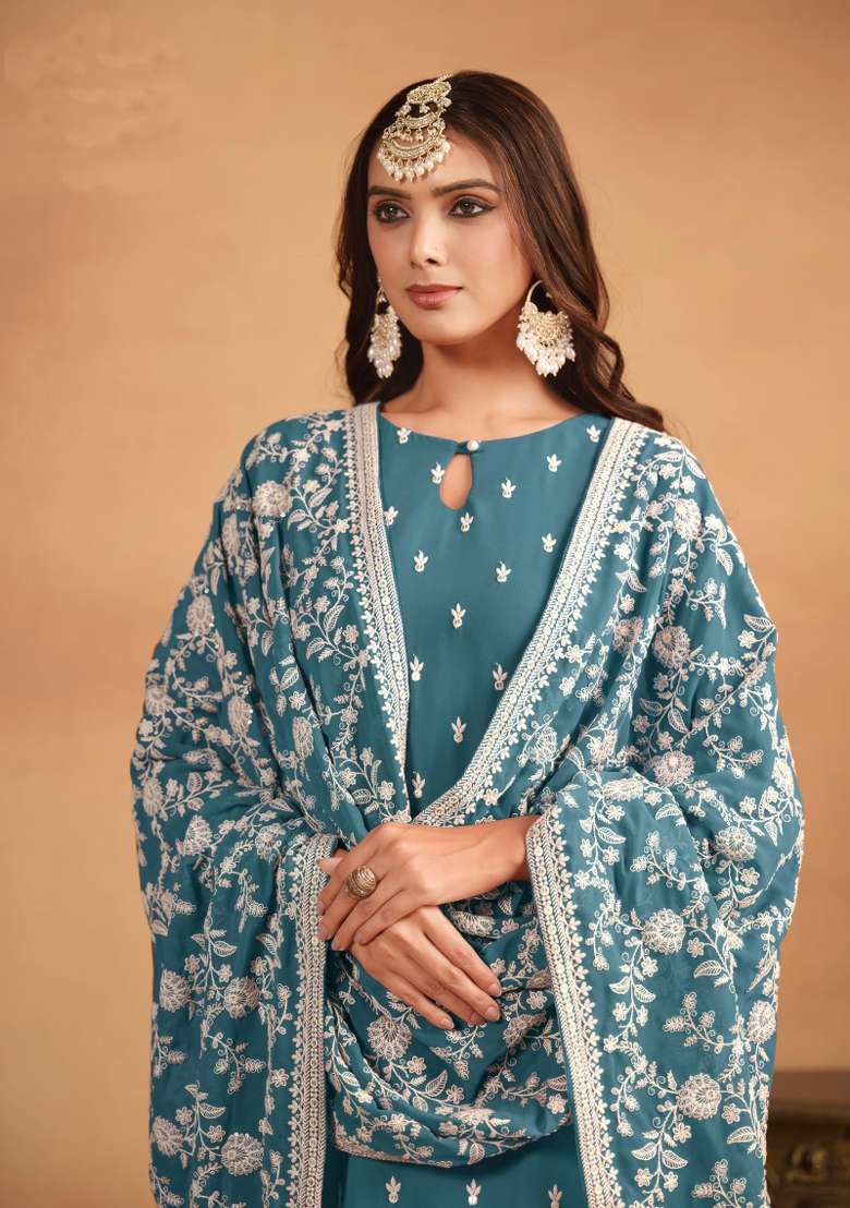 Teal Blue Embroidered Georgette Straight Kurta Set - Indya
