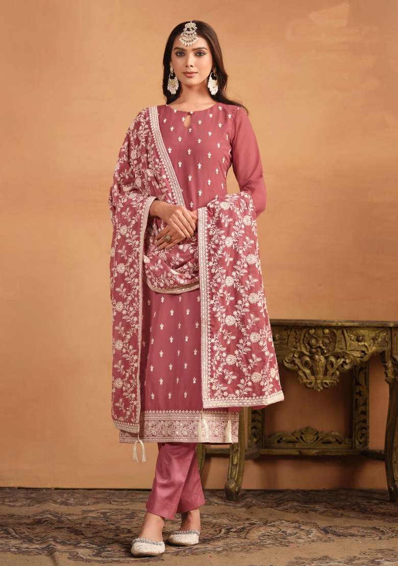 Rose Gold Embroidered Georgette Straight Kurta Set - Indya