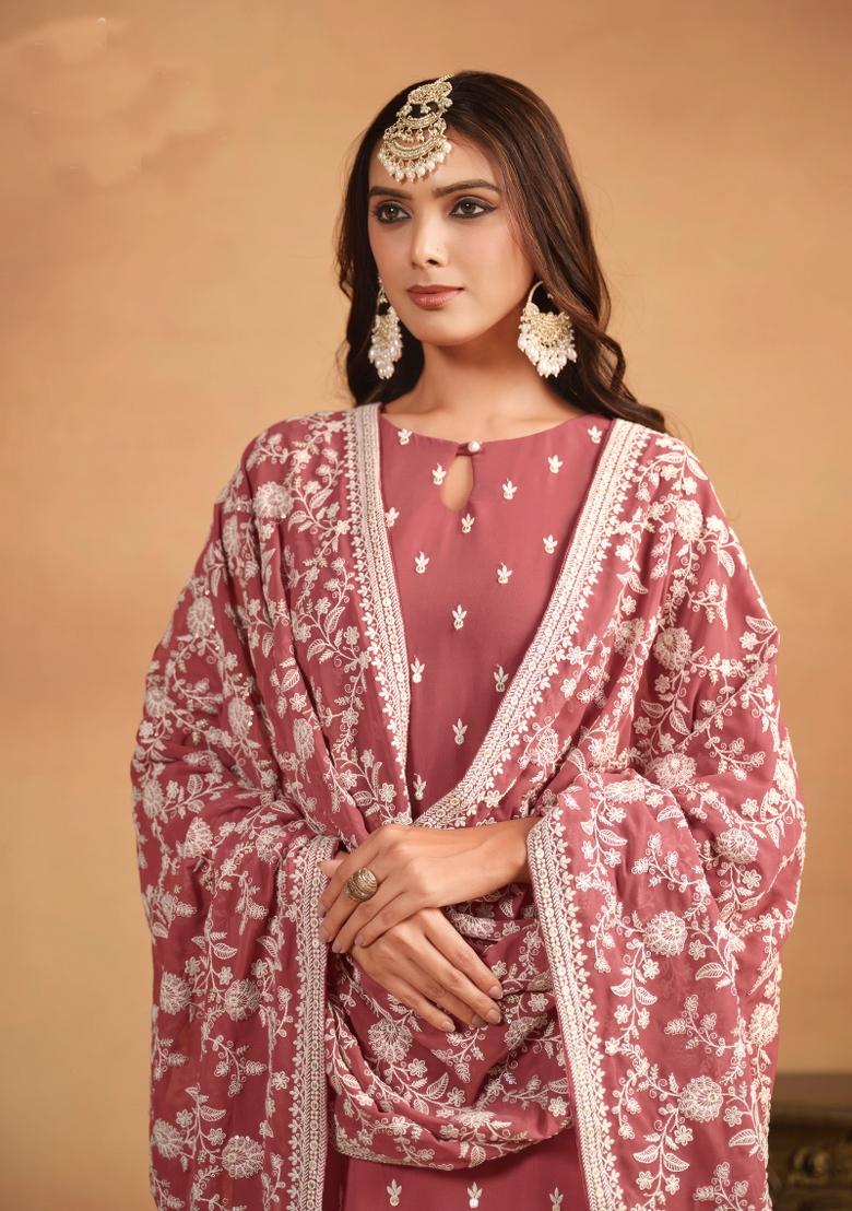 Rose Gold Embroidered Georgette Salwar Kameez With Dupatta