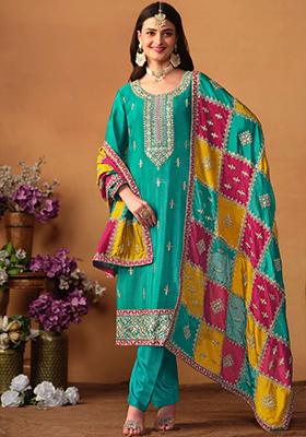 Turquoise Embroidered Chinon Salwar Kameez With Dupatta
