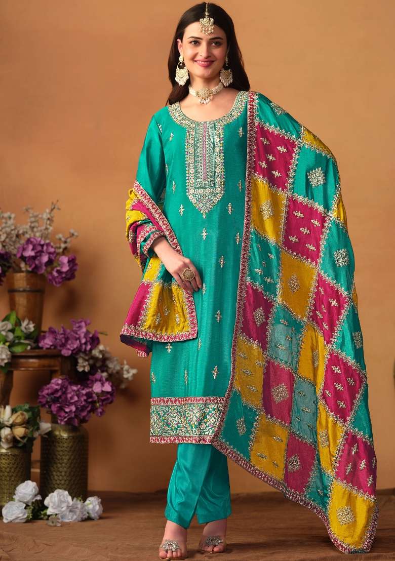 Turquoise Embroidered Chinon Straight Kurta Set - Indya