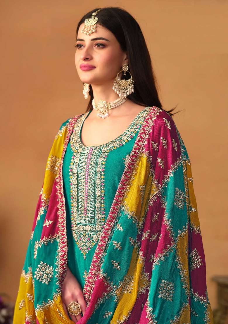 Turquoise Embroidered Chinon Straight Kurta Set - Indya