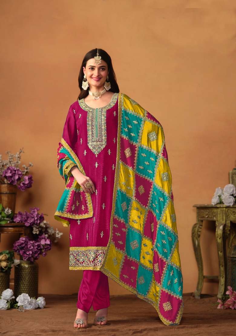 Pink Embroidered Chinon Straight Kurta Set - Indya