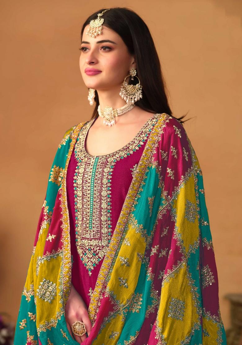 Pink Embroidered Chinon Salwar Kameez With Dupatta