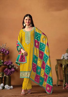 Mustard Yellow Embroidered Chinon Salwar Kameez With Dupatta