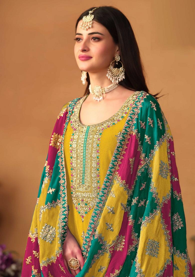 Mustard Yellow Embroidered Chinon Salwar Kameez With Dupatta