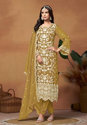 Mustard Yellow Embroidered Organza Salwar Kameez With Dupatta
