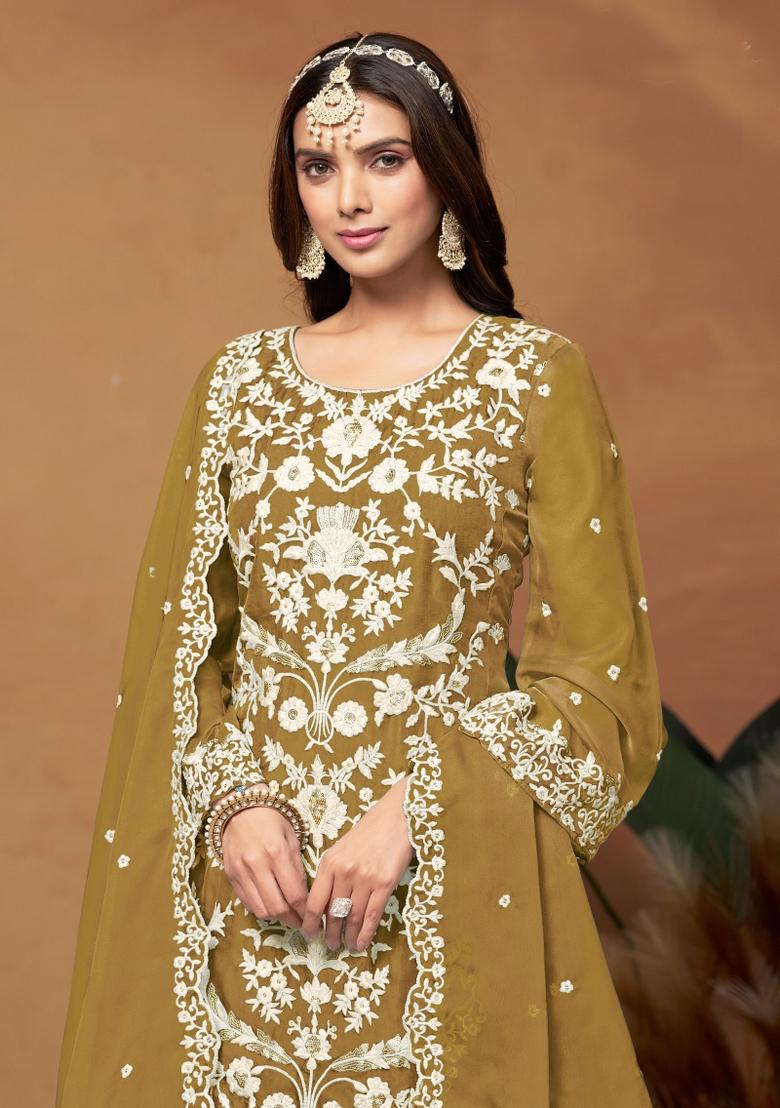 Mustard Yellow Embroidered Organza Salwar Kameez With Dupatta